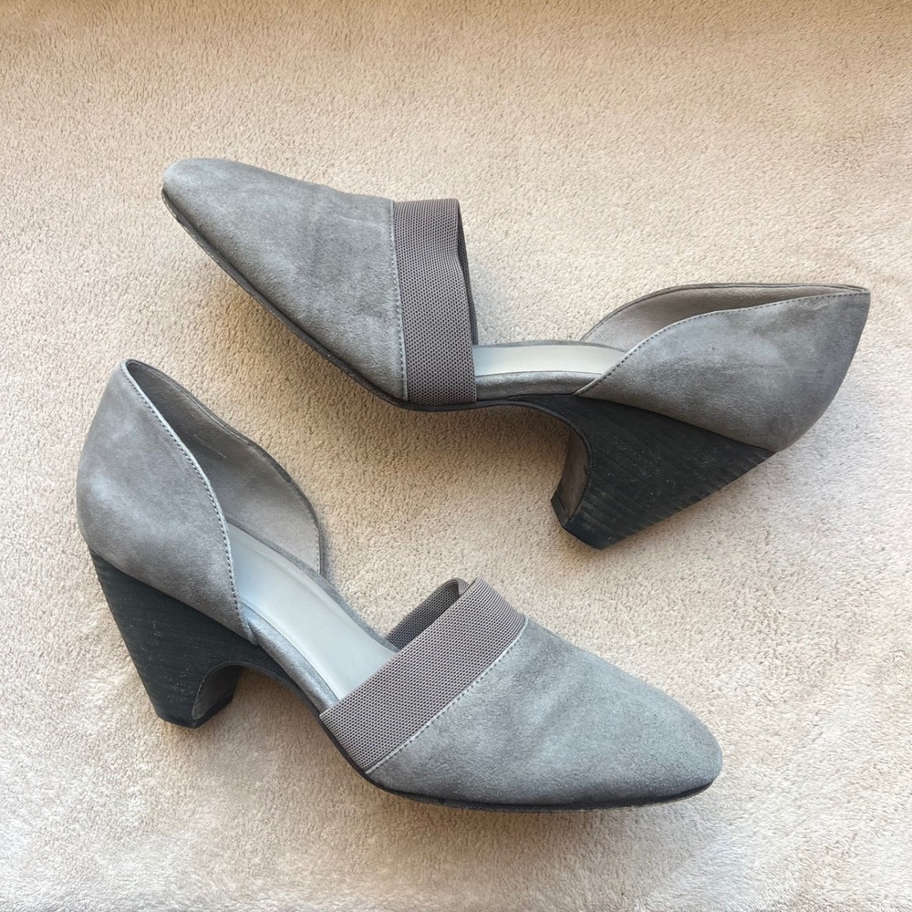 Eileen Fisher Hilly Demi Wedge Women 11 Gray Suede d'Orsay Chunky Heel Pumps